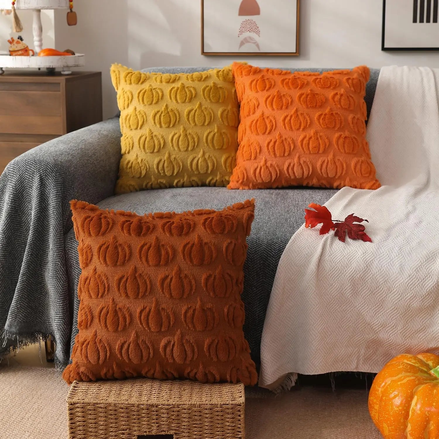 Orange Pumpkin Throw Pillow Wool Cover